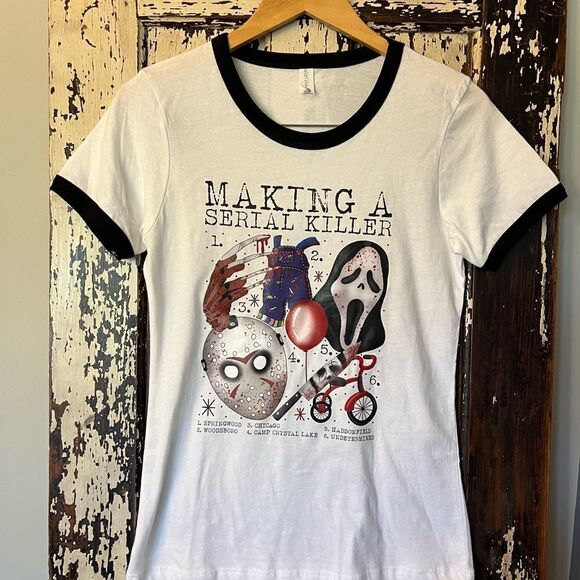 Next Level Apparel Tops - NWOT Making a Serial Killer women’s Fit Ringer T-shirt. Size Medium.